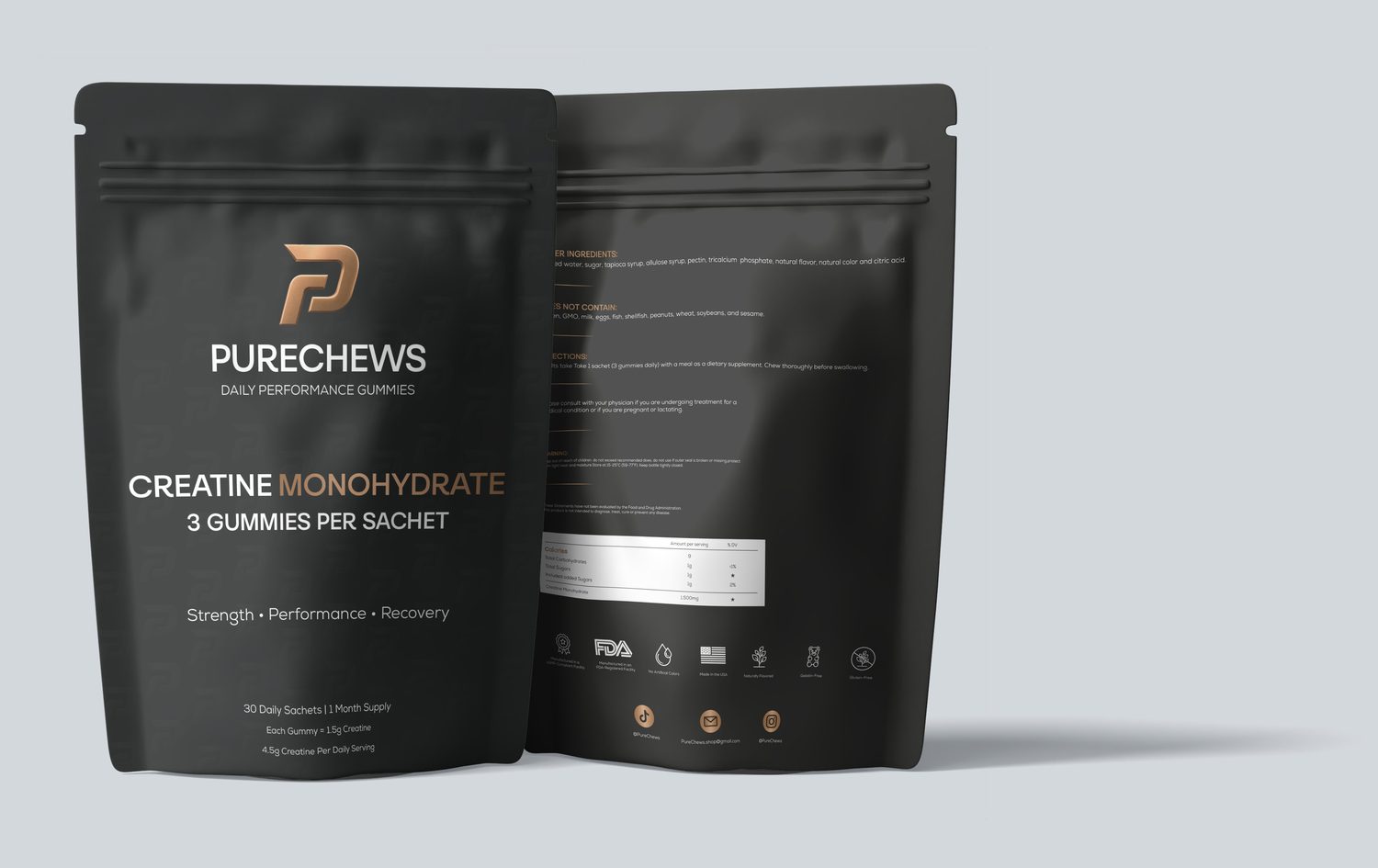 PureChews creatine monohydrate gummies pouch, front and back
